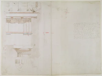 Una colección de dibujos originales para templos en Bassac: Elevación y estructura parcial del techo de los templos de Júpiter Panhelénico en Egina, 1860